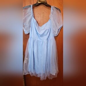 Elegant Light Blue Formal Dress with Puff Tulle Sleeves